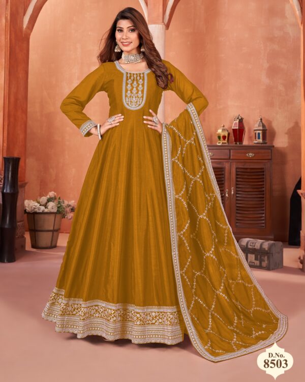 Functional Wear Semi-Stitch Art Silk Exclusive Designer Gown With Dupatta