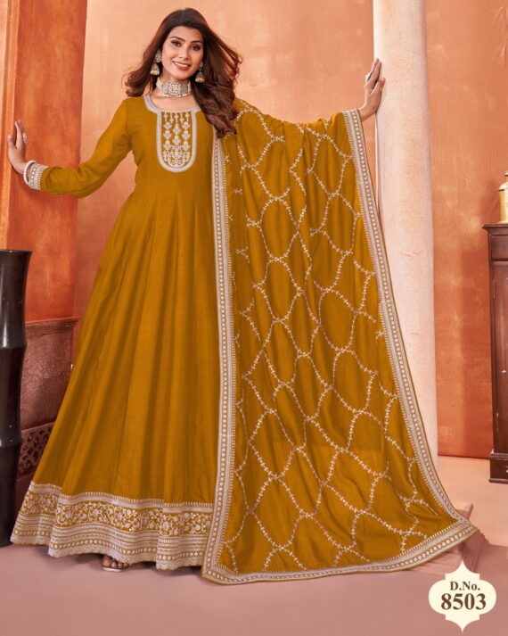 Functional Wear Semi-Stitch Art Silk Exclusive Designer Gown With Dupatta