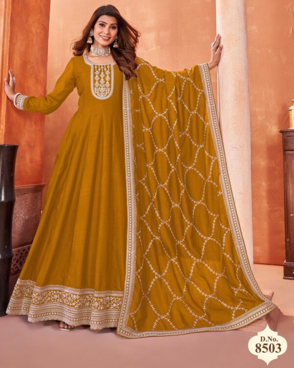 Functional Wear Semi-Stitch Art Silk Exclusive Designer Gown With Dupatta
