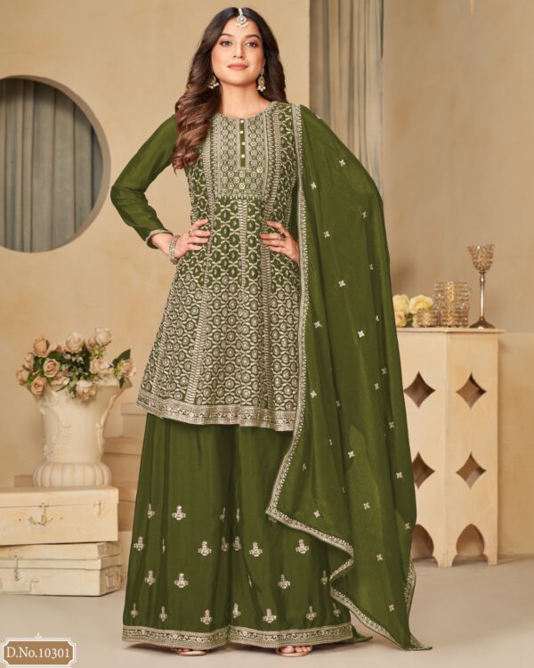Occasional Wear Semi-Stitched Ethnic Designer Embroidery Work On Chinnon Top Plazzo Set