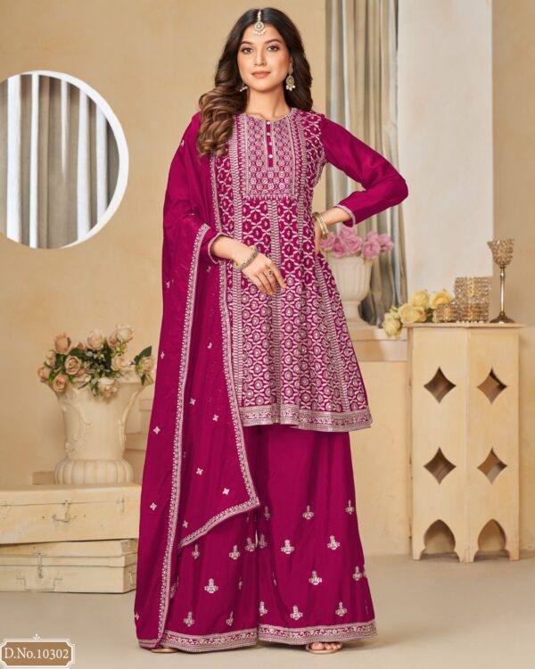 Occasional Wear Semi-Stitched Ethnic Designer Embroidery Work On Chinnon Top Plazzo Set