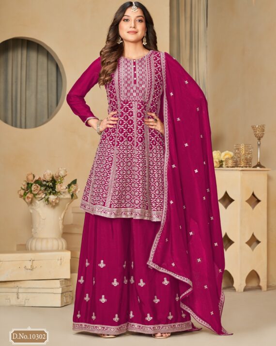 Occasional Wear Semi-Stitched Ethnic Designer Embroidery Work On Chinnon Top Plazzo Set