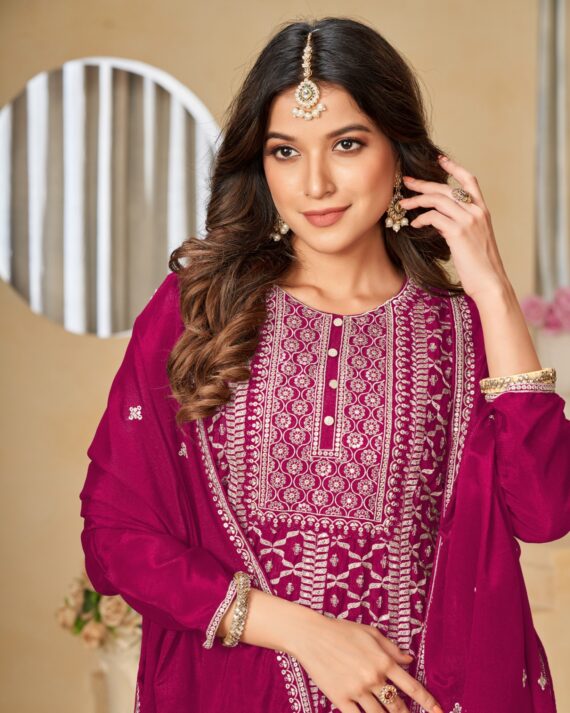 Occasional Wear Semi-Stitched Ethnic Designer Embroidery Work On Chinnon Top Plazzo Set