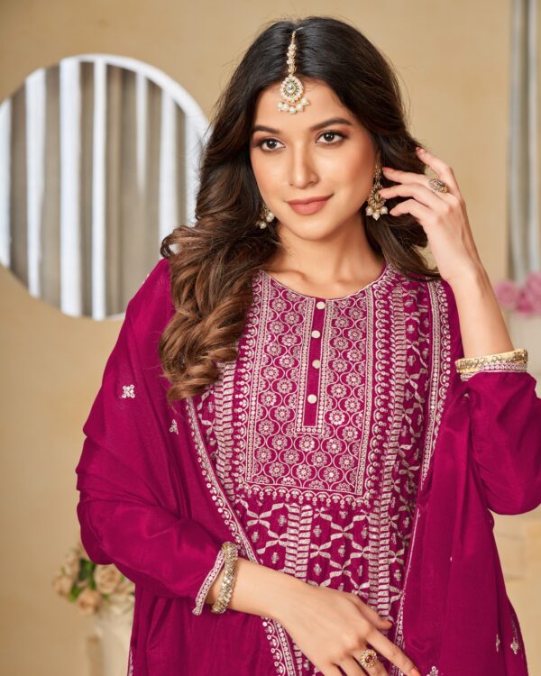Occasional Wear Semi-Stitched Ethnic Designer Embroidery Work On Chinnon Top Plazzo Set