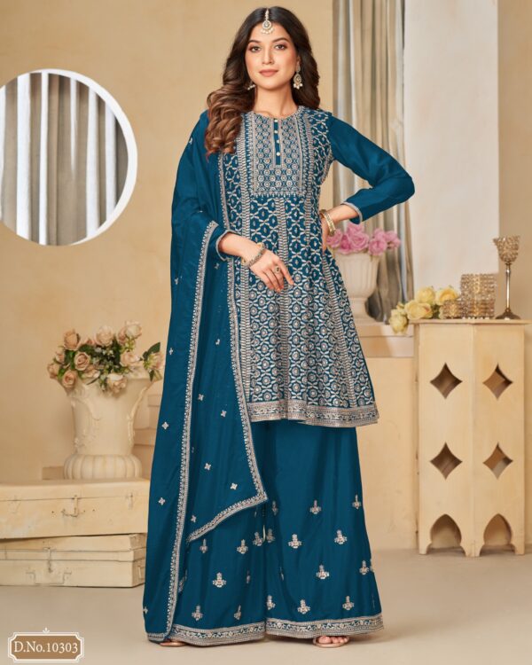 Occasional Wear Semi-Stitched Ethnic Designer Embroidery Work On Chinnon Top Plazzo Set