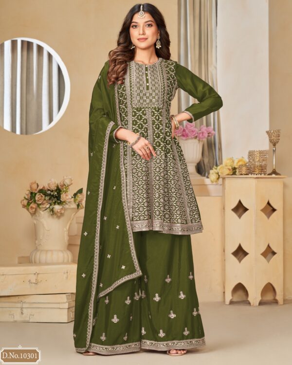 Occasional Wear Semi-Stitched Ethnic Designer Embroidery Work On Chinnon Top Plazzo Set