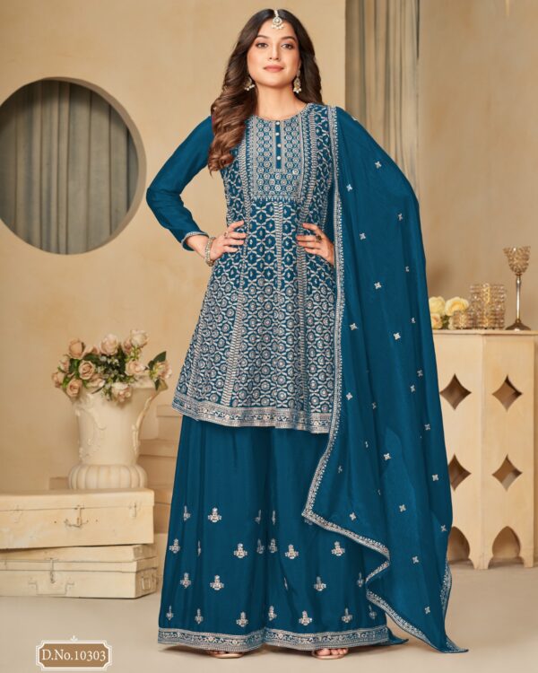 Occasional Wear Semi-Stitched Ethnic Designer Embroidery Work On Chinnon Top Plazzo Set