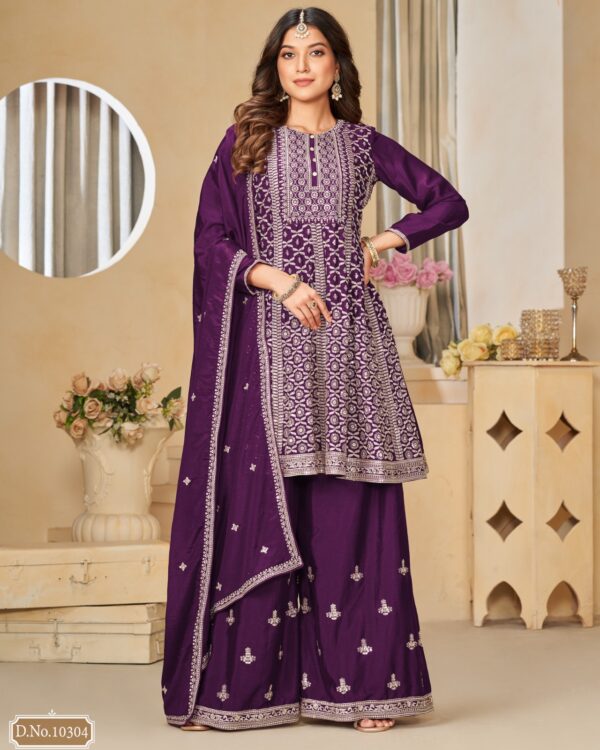 Occasional Wear Semi-Stitched Ethnic Designer Embroidery Work On Chinnon Top Plazzo Set