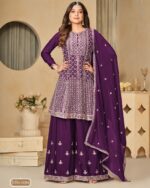 Occasional Wear Semi-Stitched Ethnic Designer Embroidery Work On Chinnon Top Plazzo Set