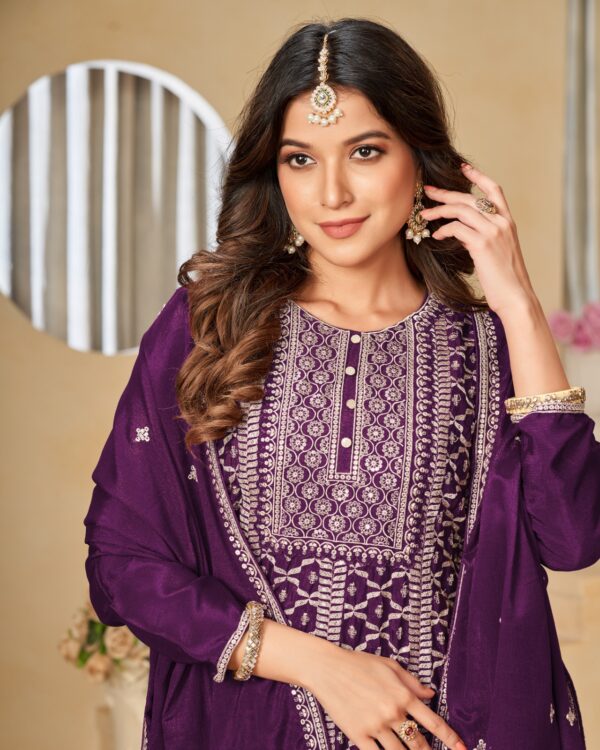 Occasional Wear Semi-Stitched Ethnic Designer Embroidery Work On Chinnon Top Plazzo Set