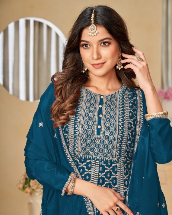 Occasional Wear Semi-Stitched Ethnic Designer Embroidery Work On Chinnon Top Plazzo Set