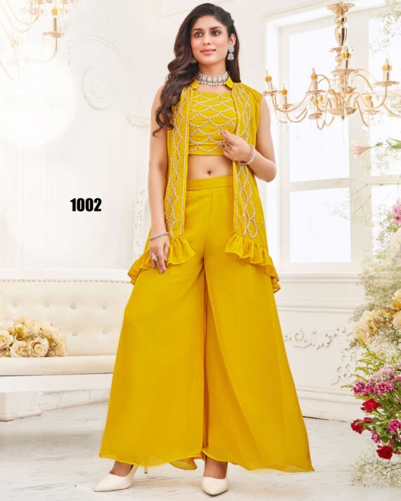 Elegant Party Wear New Ethnic Designer Georgette With Handworked Shrug, Choli With Plazzo Set