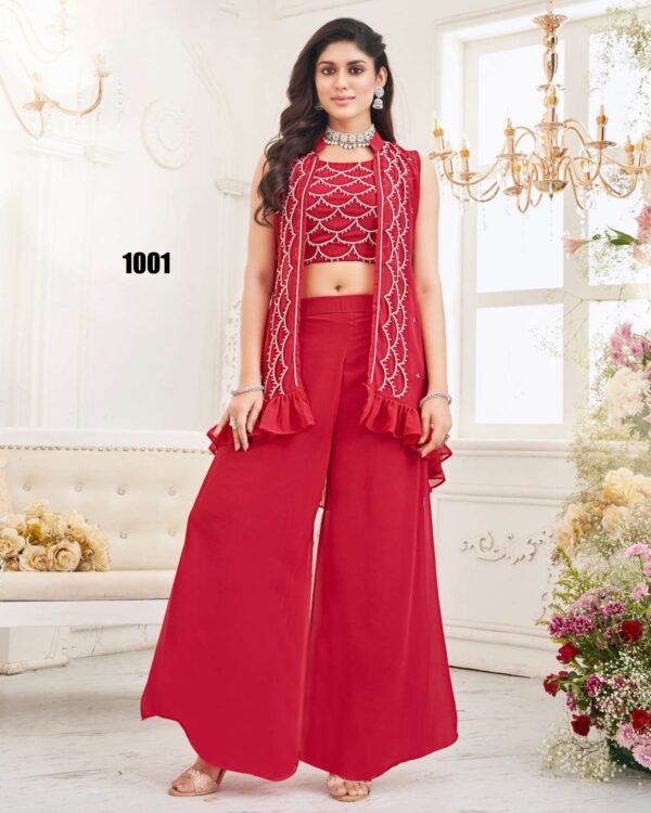 Elegant Party Wear New Ethnic Designer Georgette With Handworked Shrug, Choli With Plazzo Set