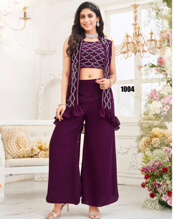 Elegant Party Wear New Ethnic Designer Georgette With Handworked Shrug, Choli With Plazzo Set