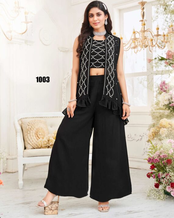 Elegant Party Wear New Ethnic Designer Georgette With Handworked Shrug, Choli With Plazzo Set