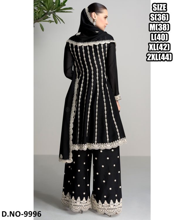 Indian And Pakistani Clothing For Women's Wear Chinnon With Embroidered Work Readymade Kurti With Plazo Dupatta