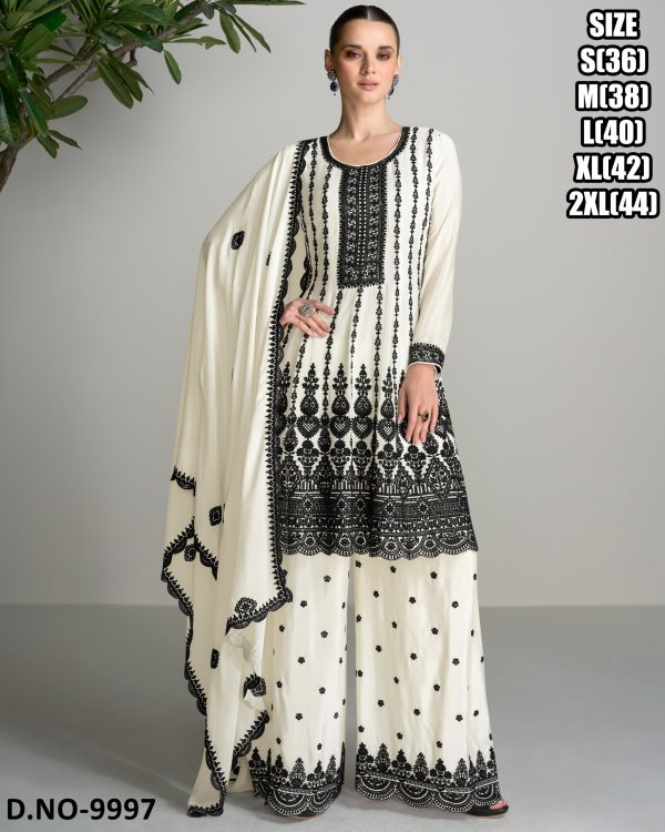 Indian And Pakistani Clothing For Women's Wear Chinnon With Embroidered Work Readymade Kurti With Plazo Dupatta