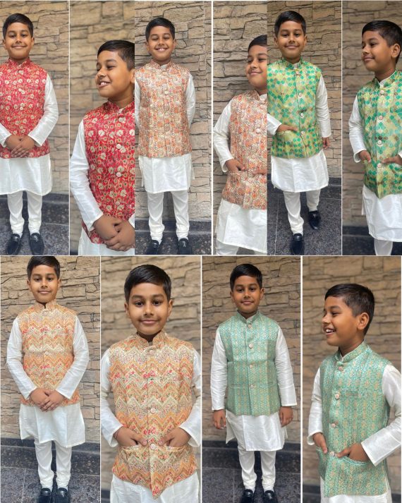 Ethnicrang Kid's Traditional Wear Stitched Silk Kurta Pajama And Banarasi Jaquard Printed Koti