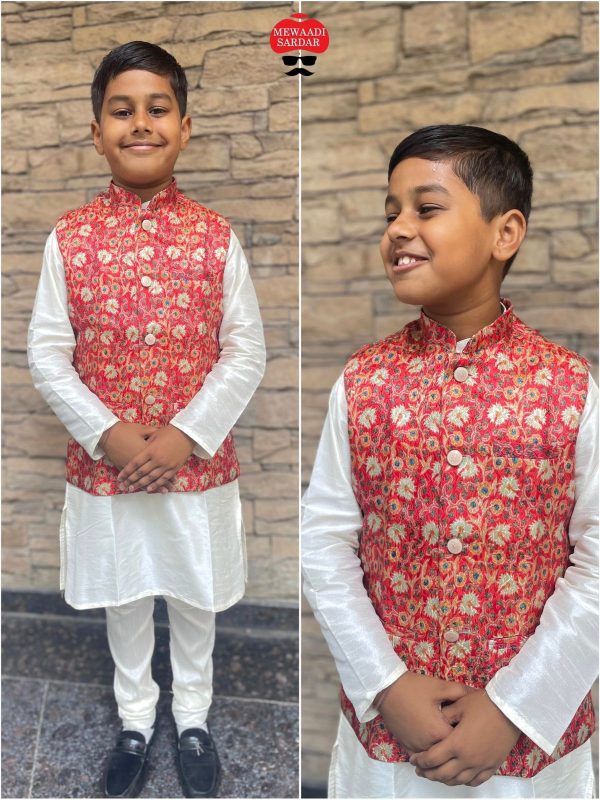 Ethnicrang Kid's Traditional Wear Stitched Silk Kurta Pajama And Banarasi Jaquard Printed Koti