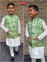 Ethnicrang Kid's Traditional Wear Stitched Silk Kurta Pajama And Banarasi Jaquard Printed Koti