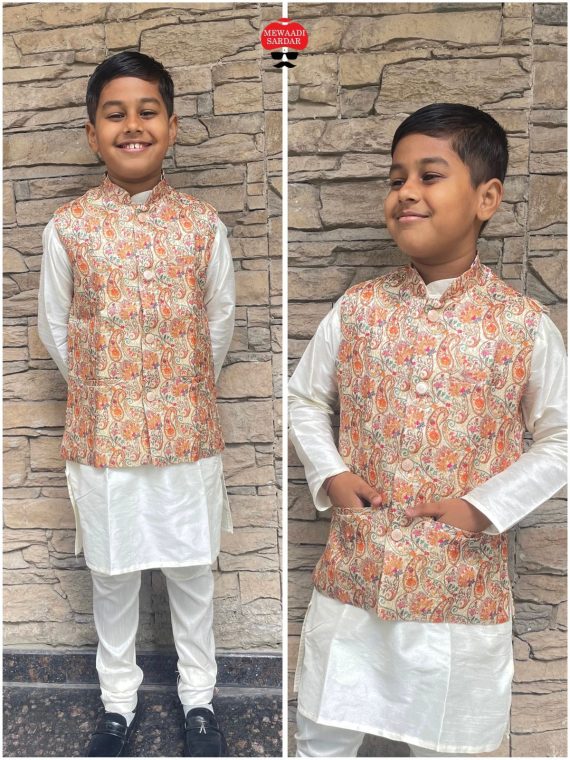 Ethnicrang Kid's Traditional Wear Stitched Silk Kurta Pajama And Banarasi Jaquard Printed Koti