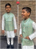 Ethnicrang Kid's Traditional Wear Stitched Silk Kurta Pajama And Banarasi Jaquard Printed Koti