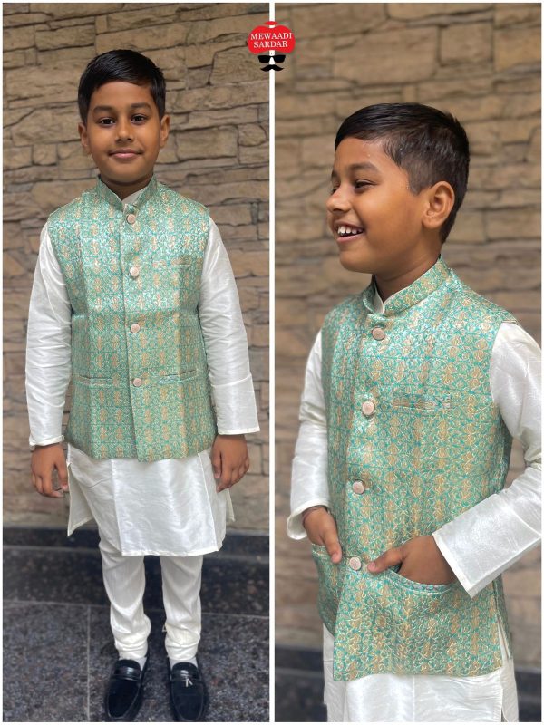 Ethnicrang Kid's Traditional Wear Stitched Silk Kurta Pajama And Banarasi Jaquard Printed Koti