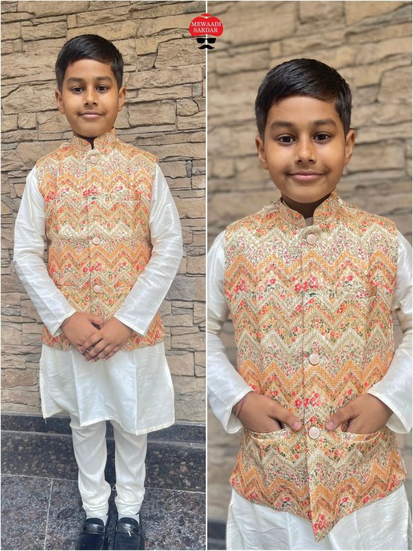 Ethnicrang Kid's Traditional Wear Stitched Silk Kurta Pajama And Banarasi Jaquard Printed Koti