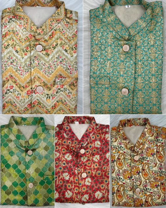 Ethnicrang Kid's Traditional Wear Stitched Silk Kurta Pajama And Banarasi Jaquard Printed Koti