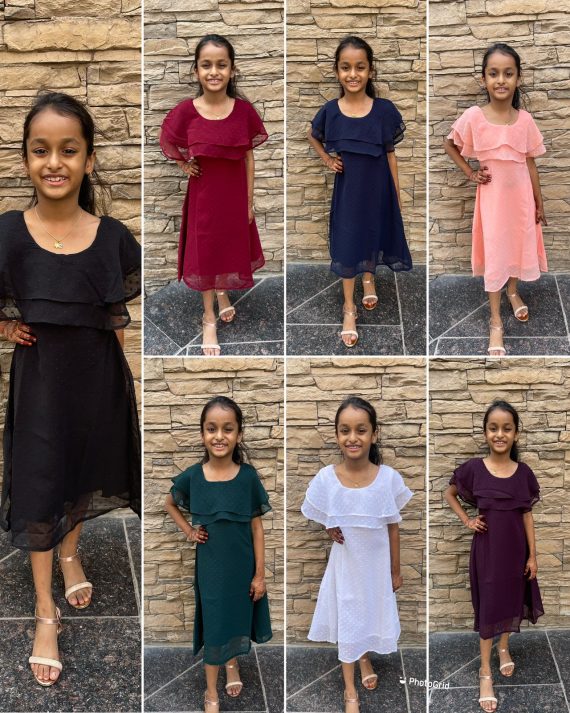 Kid's Party Wear Heavy Bubble Georgette Double Layer Ruffle Neck One Piece For Girls