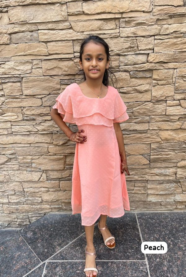 Kid's Party Wear Heavy Bubble Georgette Double Layer Ruffle Neck One Piece For Girls