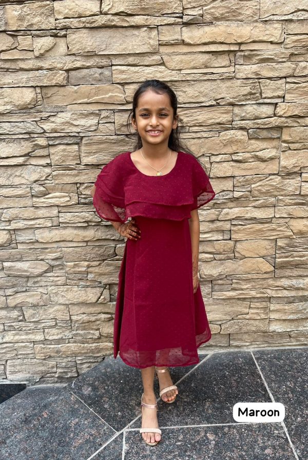 Kid's Party Wear Heavy Bubble Georgette Double Layer Ruffle Neck One Piece For Girls