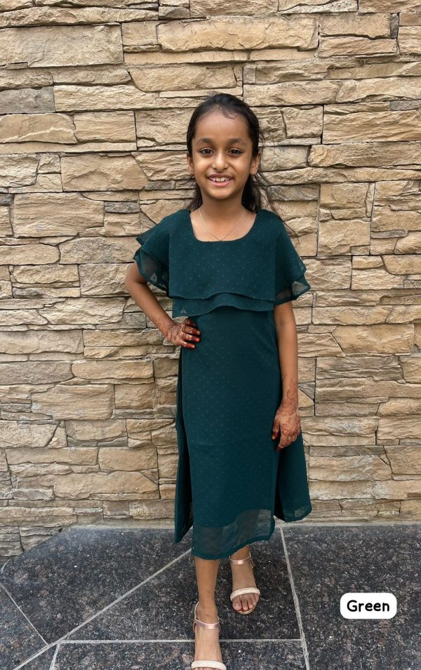 Kid's Party Wear Heavy Bubble Georgette Double Layer Ruffle Neck One Piece For Girls