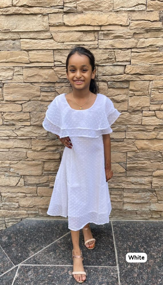 Kid's Party Wear Heavy Bubble Georgette Double Layer Ruffle Neck One Piece For Girls