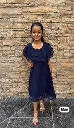 Kid's Party Wear Heavy Bubble Georgette Double Layer Ruffle Neck One Piece For Girls