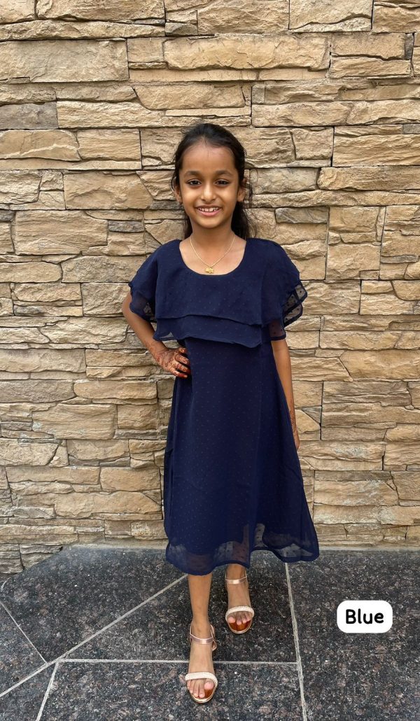 Kid's Party Wear Heavy Bubble Georgette Double Layer Ruffle Neck One Piece For Girls