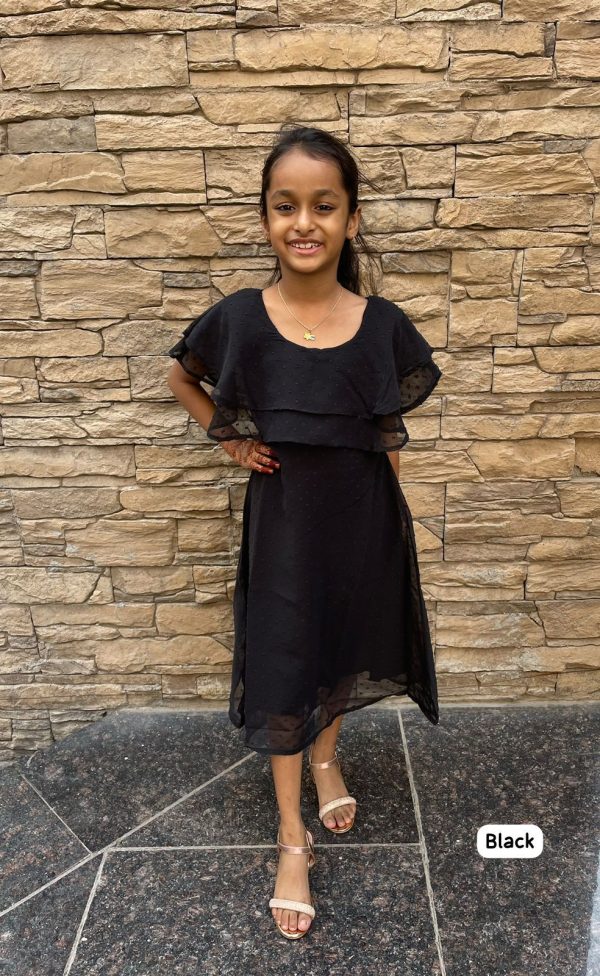 Kid's Party Wear Heavy Bubble Georgette Double Layer Ruffle Neck One Piece For Girls