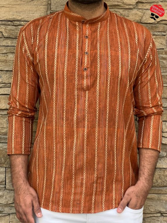 Ethnicrang Men's Regular Wear Pure Cotton Khadi Work Short Kurta