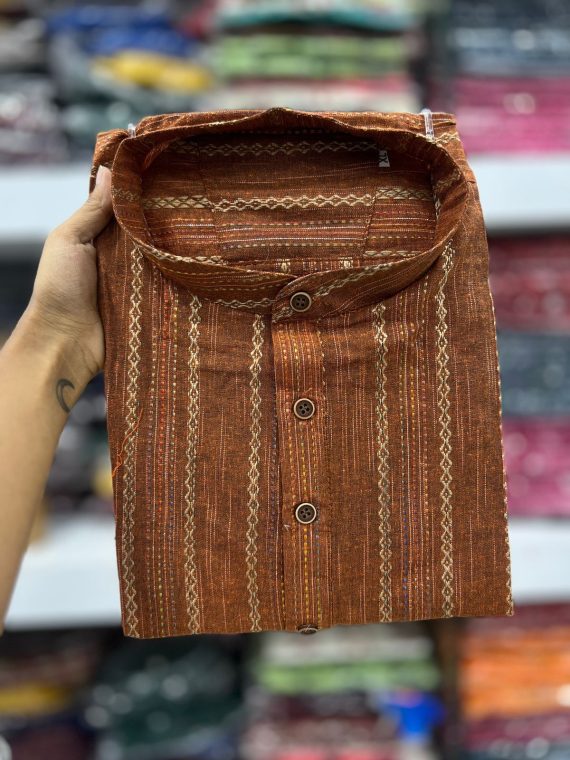 Ethnicrang Men's Regular Wear Pure Cotton Khadi Work Short Kurta