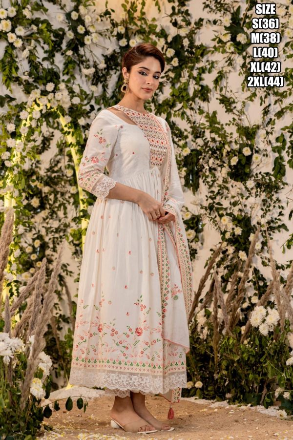 Beautiful Embroidery Worked Neck Designer Summer Wear Cotton Flair Kurti, Pent And Dupatta