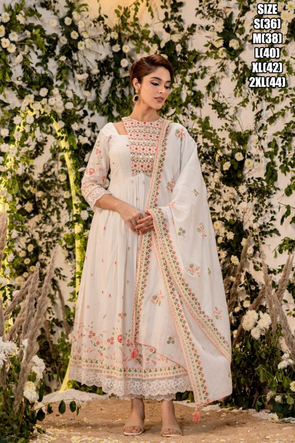 Beautiful Embroidery Worked Neck Designer Summer Wear Cotton Flair Kurti, Pent And Dupatta