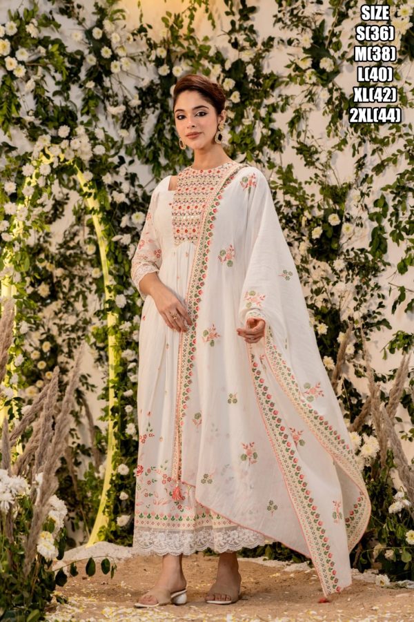 Beautiful Embroidery Worked Neck Designer Summer Wear Cotton Flair Kurti, Pent And Dupatta