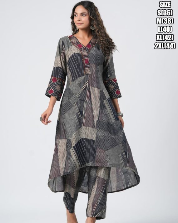 Ethnicrang Dark Grey Cotton Embroidered Worked Women's Up And Down Kurti Set