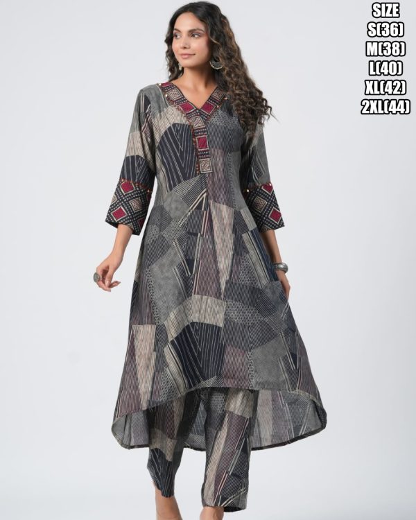 Ethnicrang Dark Grey Cotton Embroidered Worked Women's Up And Down Kurti Set