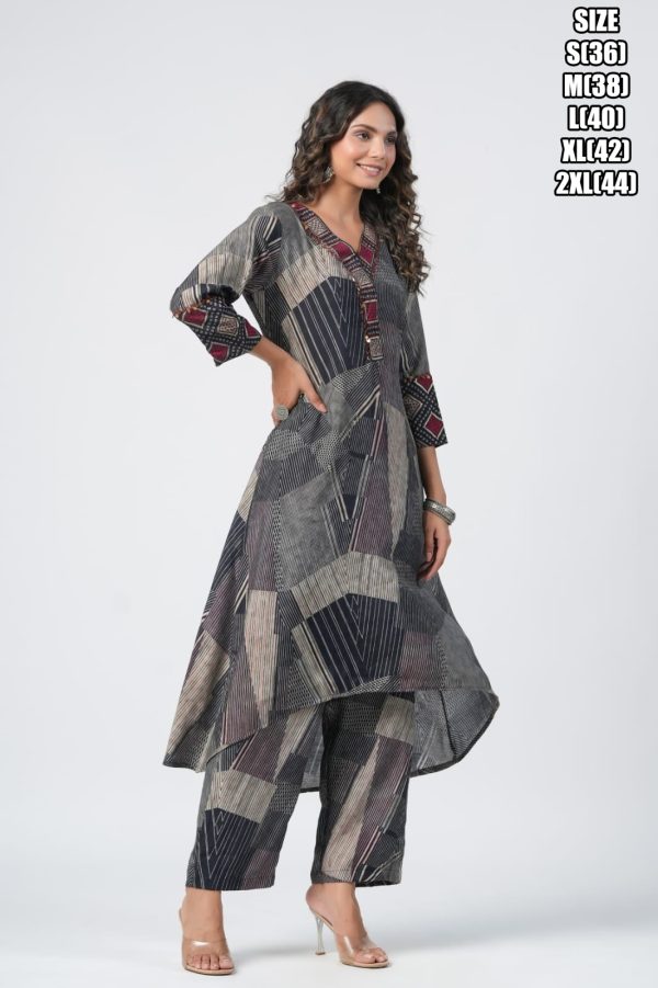 Ethnicrang Dark Grey Cotton Embroidered Worked Women's Up And Down Kurti Set