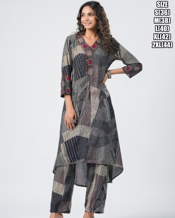 Ethnicrang Dark Grey Cotton Embroidered Worked Women's Up And Down Kurti Set