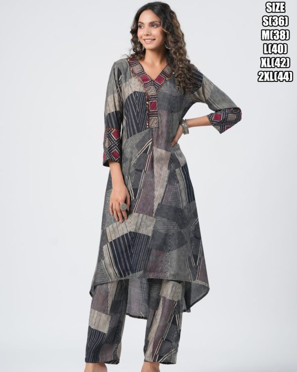 Ethnicrang Dark Grey Cotton Embroidered Worked Women's Up And Down Kurti Set
