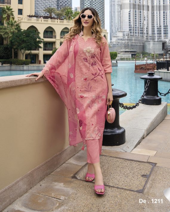 Elegance Party Wear Stitched Linen With Borer Schiffli Work Kurti With Imported Bottom And Printed Dupatta For Women