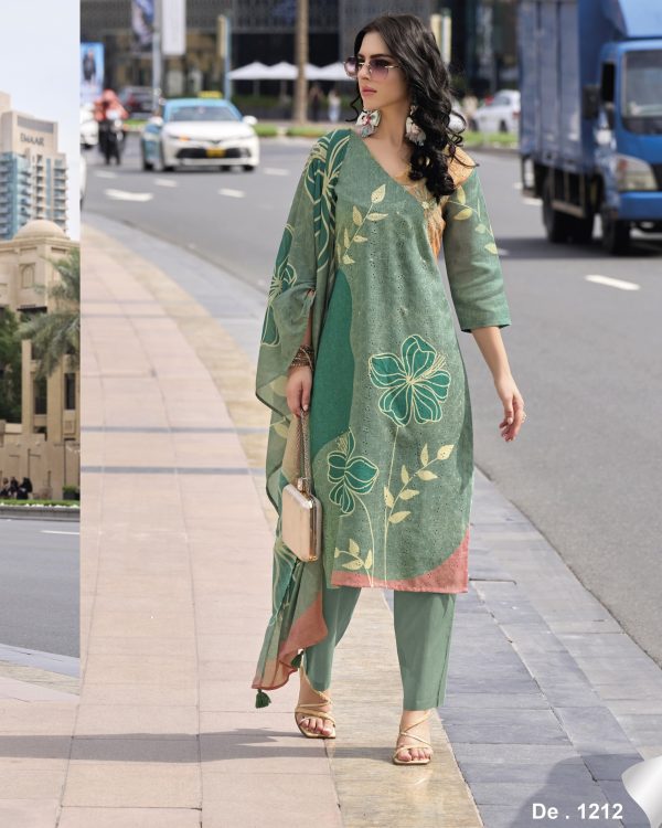 Elegance Party Wear Stitched Linen With Borer Schiffli Work Kurti With Imported Bottom And Printed Dupatta For Women