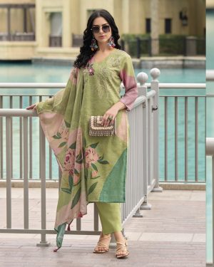 Elegance Party Wear Stitched Linen With Borer Schiffli Work Kurti With Imported Bottom And Printed Dupatta For Women